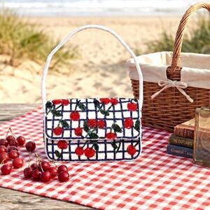 NWT Viral Hand-Beaded White Blue Checker Cherry Girl Coquette Y2K Shoulder Purse